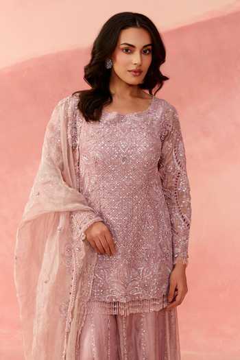 Buy_Label Moni K_Pink Organza, Tissue Square Neck, Yes Nazaakat Embellished Kurta Sharara Set _Online_at_Aza_Fashions