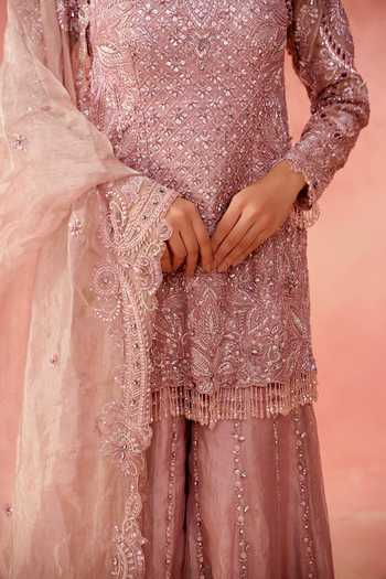 Shop_Label Moni K_Pink Organza, Tissue Square Neck, Yes Nazaakat Embellished Kurta Sharara Set _Online_at_Aza_Fashions