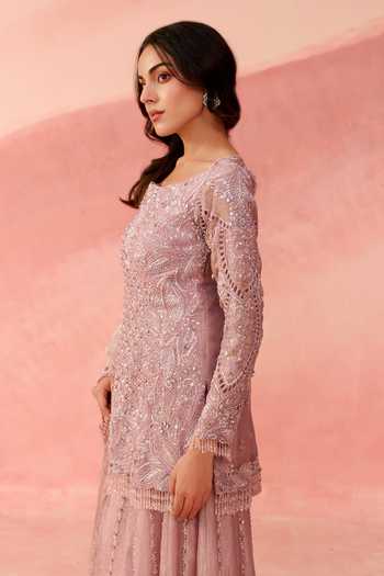 Label Moni K_Pink Organza, Tissue Square Neck, Yes Nazaakat Embellished Kurta Sharara Set _at_Aza_Fashions