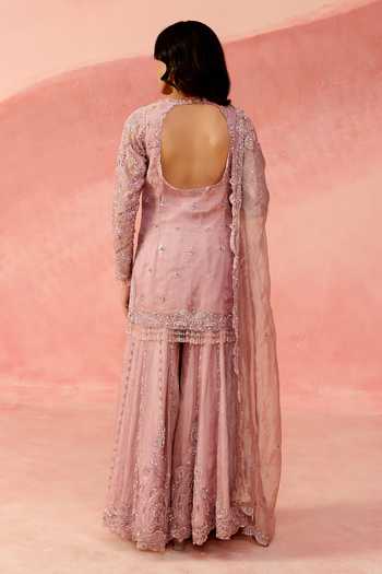 Shop_Label Moni K_Pink Organza, Tissue Square Neck, Yes Nazaakat Embellished Kurta Sharara Set _at_Aza_Fashions
