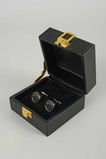 Shop_Salil Bhatia_Black Silver Finish Roulette Cufflinks - Set Of 2 _at_Aza_Fashions