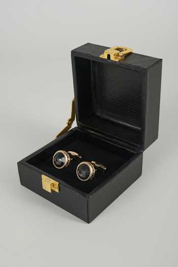 Shop_Salil Bhatia_Black Crystal Embellished Cufflinks - Set Of 2 _at_Aza_Fashions