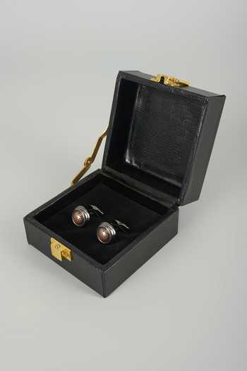 Shop_Salil Bhatia_Silver Gunmetal Finish Ladybird Cufflinks - Set Of 2 _at_Aza_Fashions