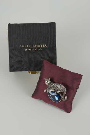 Shop_Salil Bhatia_Silver Leopard Jewel Embellished Brooch _at_Aza_Fashions