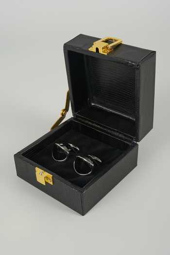 Shop_Salil Bhatia_Black Silver Finish Shield Cufflinks - Set Of 2 _at_Aza_Fashions