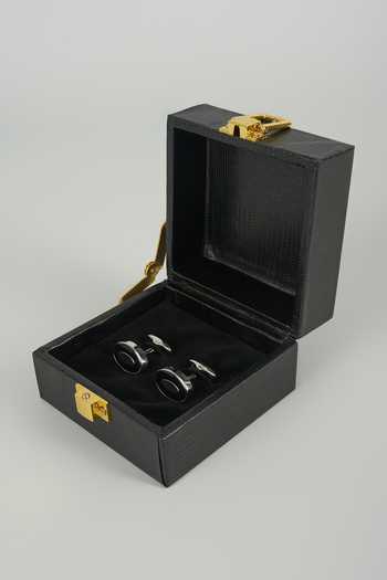 Shop_Salil Bhatia_Black Silver Finish Eclipse Cufflinks - Set Of 2 _at_Aza_Fashions