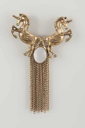 Buy_Salil Bhatia_Gold Unicorn Crest Embellished Brooch _at_Aza_Fashions