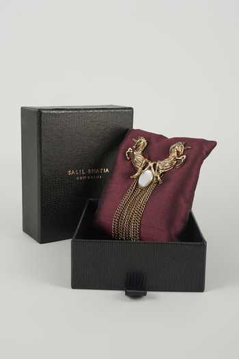 Shop_Salil Bhatia_Gold Unicorn Crest Embellished Brooch _at_Aza_Fashions