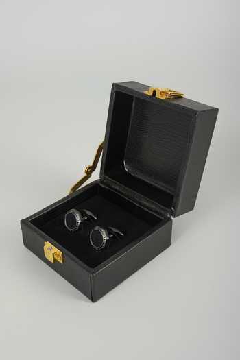 Shop_Salil Bhatia_Grey Gunmetal Finish Gamers Cufflinks - Set Of 2 _at_Aza_Fashions