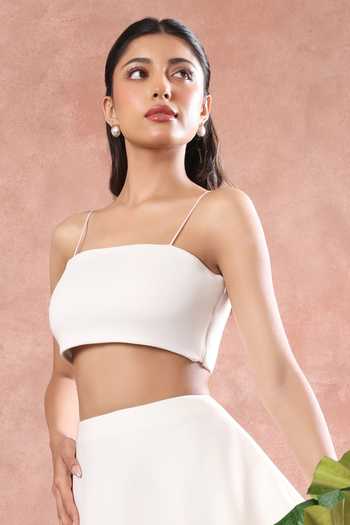Ozeqo_White Neoprene, Lycra Square Neck Nara Printed Skirt With Tube Top _Online_at_Aza_Fashions