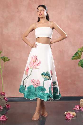 Buy_Ozeqo_White Neoprene, Lycra Square Neck Nara Printed Skirt With Tube Top _at_Aza_Fashions