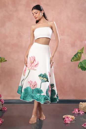 Buy_Ozeqo_White Neoprene, Lycra Square Neck Nara Printed Skirt With Tube Top _Online_at_Aza_Fashions