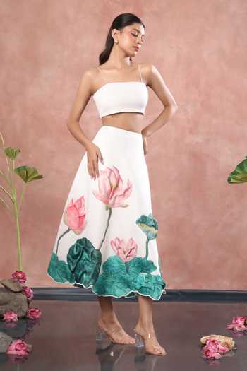 Shop_Ozeqo_White Neoprene, Lycra Square Neck Nara Printed Skirt With Tube Top _Online_at_Aza_Fashions