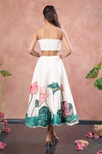 Shop_Ozeqo_White Neoprene, Lycra Square Neck Nara Printed Skirt With Tube Top _at_Aza_Fashions