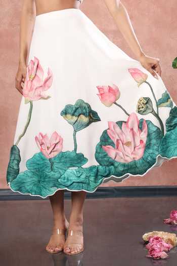 Ozeqo_White Neoprene, Lycra Square Neck Nara Printed Skirt With Tube Top _at_Aza_Fashions