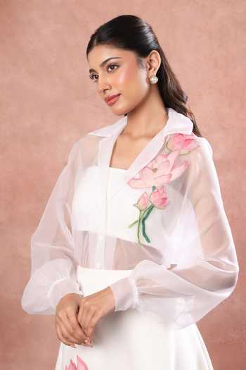 Ozeqo_White Net, Neoprene Collared Neck, Nara Printed Skirt Set With Sheer Shirt _Online_at_Aza_Fashions