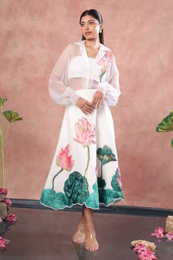 Shop_Ozeqo_White Net, Neoprene Collared Neck, Nara Printed Skirt Set With Sheer Shirt _Online_at_Aza_Fashions