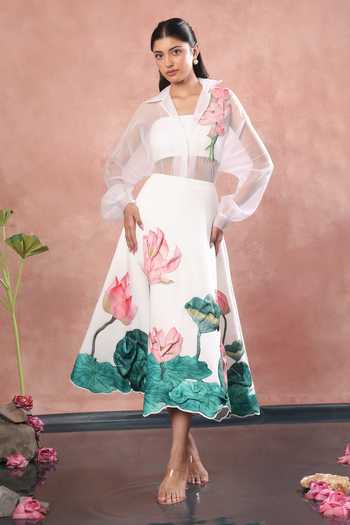 Buy_Ozeqo_White Net, Neoprene Collared Neck, Nara Printed Skirt Set With Sheer Shirt _at_Aza_Fashions
