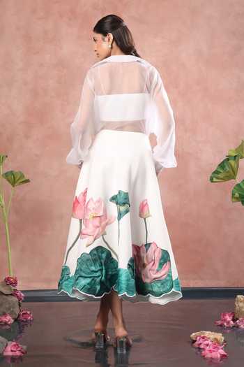 Shop_Ozeqo_White Net, Neoprene Collared Neck, Nara Printed Skirt Set With Sheer Shirt _at_Aza_Fashions