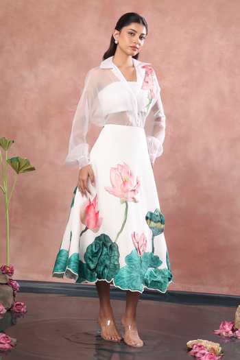 Ozeqo_White Net, Neoprene Collared Neck, Nara Printed Skirt Set With Sheer Shirt _at_Aza_Fashions