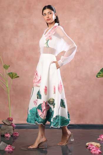Buy_Ozeqo_White Net, Neoprene Collared Neck, Nara Printed Skirt Set With Sheer Shirt 