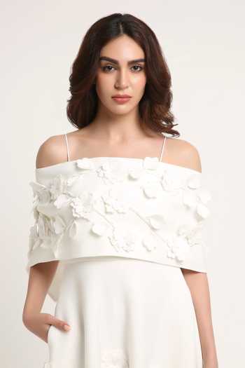 Ozeqo_White Neoprene, Lycra Square Neck Noor Applique Dress With Draped Wrap _Online_at_Aza_Fashions