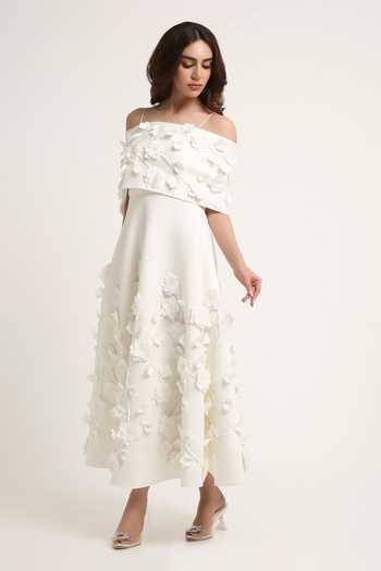 Buy_Ozeqo_White Neoprene, Lycra Square Neck Noor Applique Dress With Draped Wrap _Online_at_Aza_Fashions