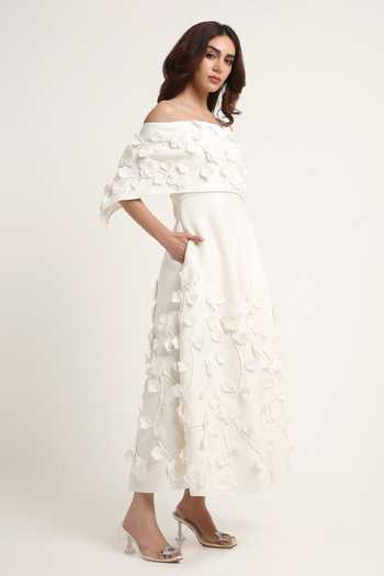 Shop_Ozeqo_White Neoprene, Lycra Square Neck Noor Applique Dress With Draped Wrap _Online_at_Aza_Fashions
