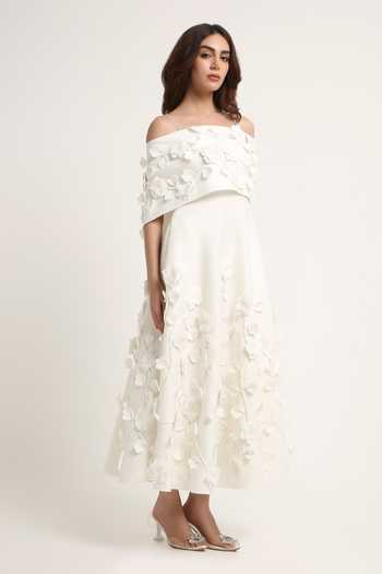 Ozeqo_White Neoprene, Lycra Square Neck Noor Applique Dress With Draped Wrap _at_Aza_Fashions