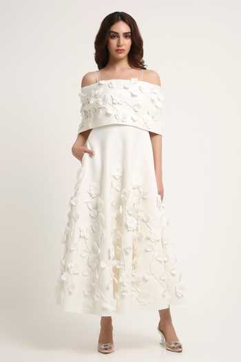 Buy_Ozeqo_White Neoprene, Lycra Square Neck Noor Applique Dress With Draped Wrap _at_Aza_Fashions