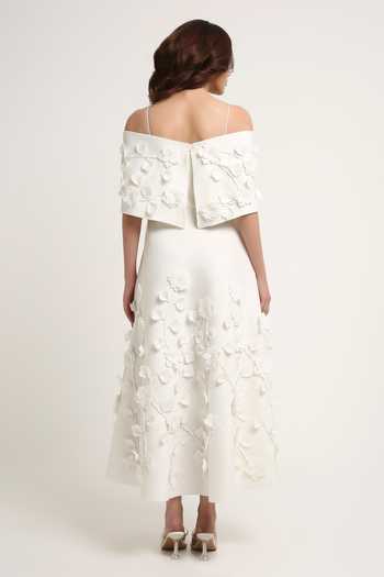 Shop_Ozeqo_White Neoprene, Lycra Square Neck Noor Applique Dress With Draped Wrap _at_Aza_Fashions