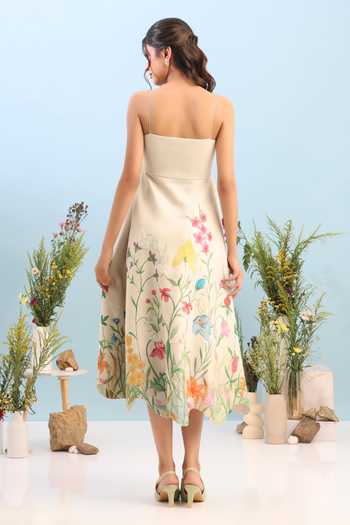 Shop_Ozeqo_Beige Neoprene Square Neck Provence Flared Printed Dress _at_Aza_Fashions