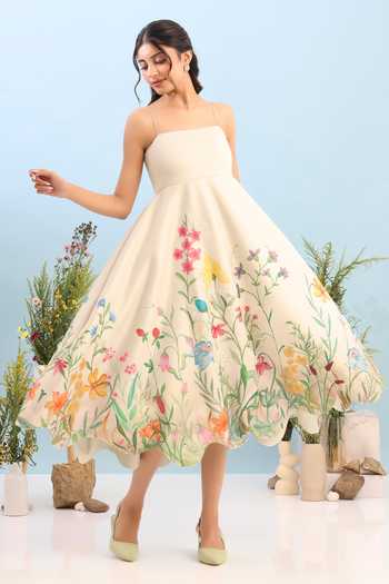 Ozeqo_Beige Neoprene Square Neck Provence Flared Printed Dress _Online_at_Aza_Fashions