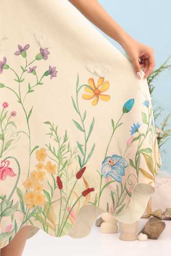 Buy_Ozeqo_Beige Neoprene Square Neck Provence Flared Printed Dress _Online_at_Aza_Fashions
