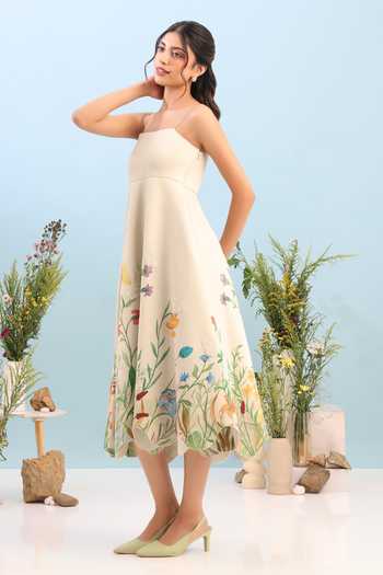 Ozeqo_Beige Neoprene Square Neck Provence Flared Printed Dress _at_Aza_Fashions