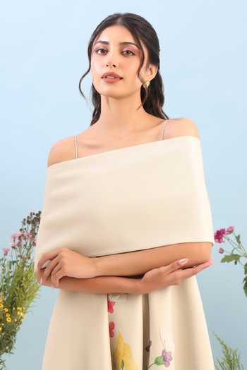 Ozeqo_Beige Neoprene Square Neck, Off-shoulder Provence Printed Dress With Draped Wrap _Online_at_Aza_Fashions