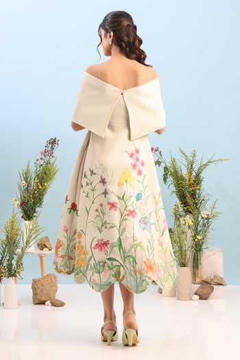 Shop_Ozeqo_Beige Neoprene Square Neck, Off-shoulder Provence Printed Dress With Draped Wrap _at_Aza_Fashions