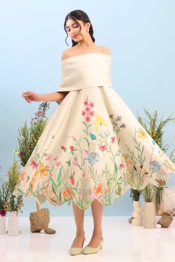 Buy_Ozeqo_Beige Neoprene Square Neck, Off-shoulder Provence Printed Dress With Draped Wrap _Online_at_Aza_Fashions