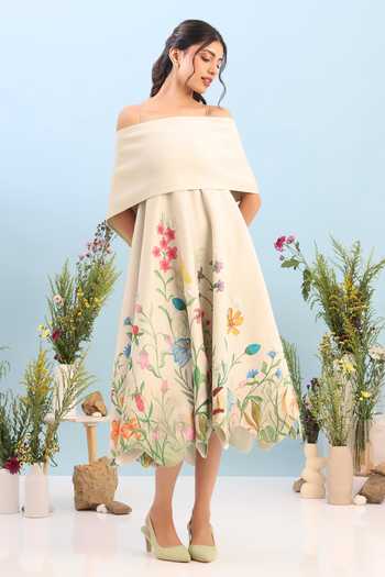 Shop_Ozeqo_Beige Neoprene Square Neck, Off-shoulder Provence Printed Dress With Draped Wrap _Online_at_Aza_Fashions