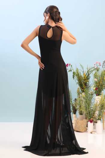 Shop_Ozeqo_Black Net, Lycra, Neoprene Embroidery High Neck, Round Rasha Dress With Overlay _at_Aza_Fashions