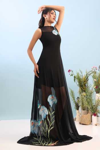 Ozeqo_Black Net, Lycra, Neoprene Embroidery High Neck, Round Rasha Dress With Overlay _Online_at_Aza_Fashions