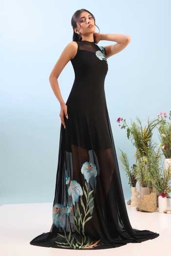 Shop_Ozeqo_Black Net, Lycra, Neoprene Embroidery High Neck, Round Rasha Dress With Overlay _Online_at_Aza_Fashions