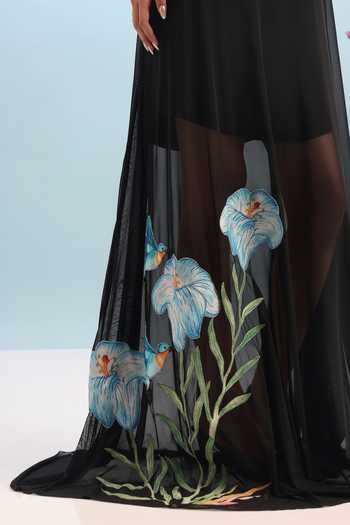 Buy_Ozeqo_Black Net, Lycra, Neoprene Embroidery High Neck, Round Rasha Dress With Overlay 
