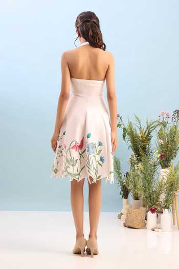 Shop_Ozeqo_Beige Neoprene Halter Neck Sedona Short Printed Dress _at_Aza_Fashions