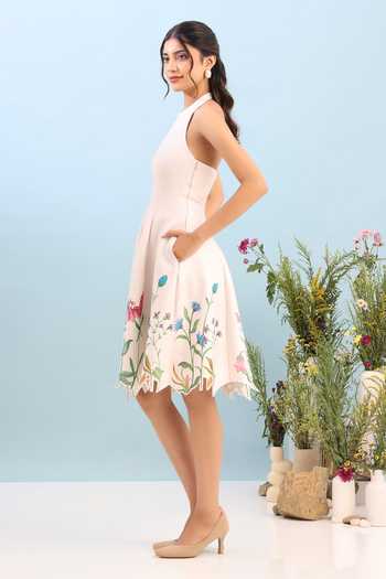 Shop_Ozeqo_Beige Neoprene Halter Neck Sedona Short Printed Dress _Online_at_Aza_Fashions