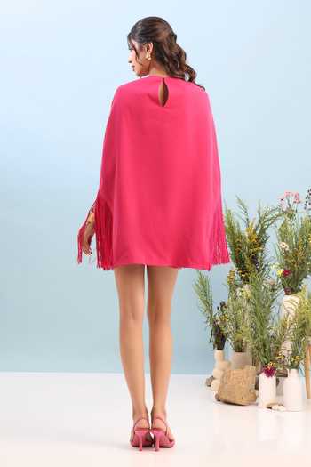 Shop_Ozeqo_Pink Microfiber Fringe Round Neck Sonona Micro Short Dress With Overlay _at_Aza_Fashions