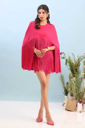 Ozeqo_Pink Microfiber Fringe Round Neck Sonona Micro Short Dress With Overlay _Online_at_Aza_Fashions