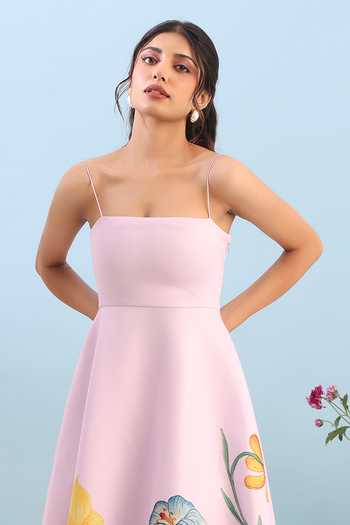 Ozeqo_Pink Neoprene Square Neck Tuscany Flared Printed Dress _Online_at_Aza_Fashions