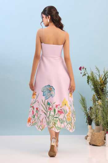 Shop_Ozeqo_Pink Neoprene Square Neck Tuscany Flared Printed Dress _at_Aza_Fashions