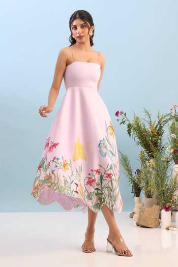Buy_Ozeqo_Pink Neoprene Square Neck Tuscany Flared Printed Dress _Online_at_Aza_Fashions